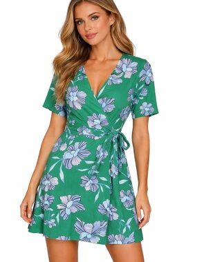 Vince Camuto Green Floral Wrap Dress Short Sleeve Size 10 Fit & Flare